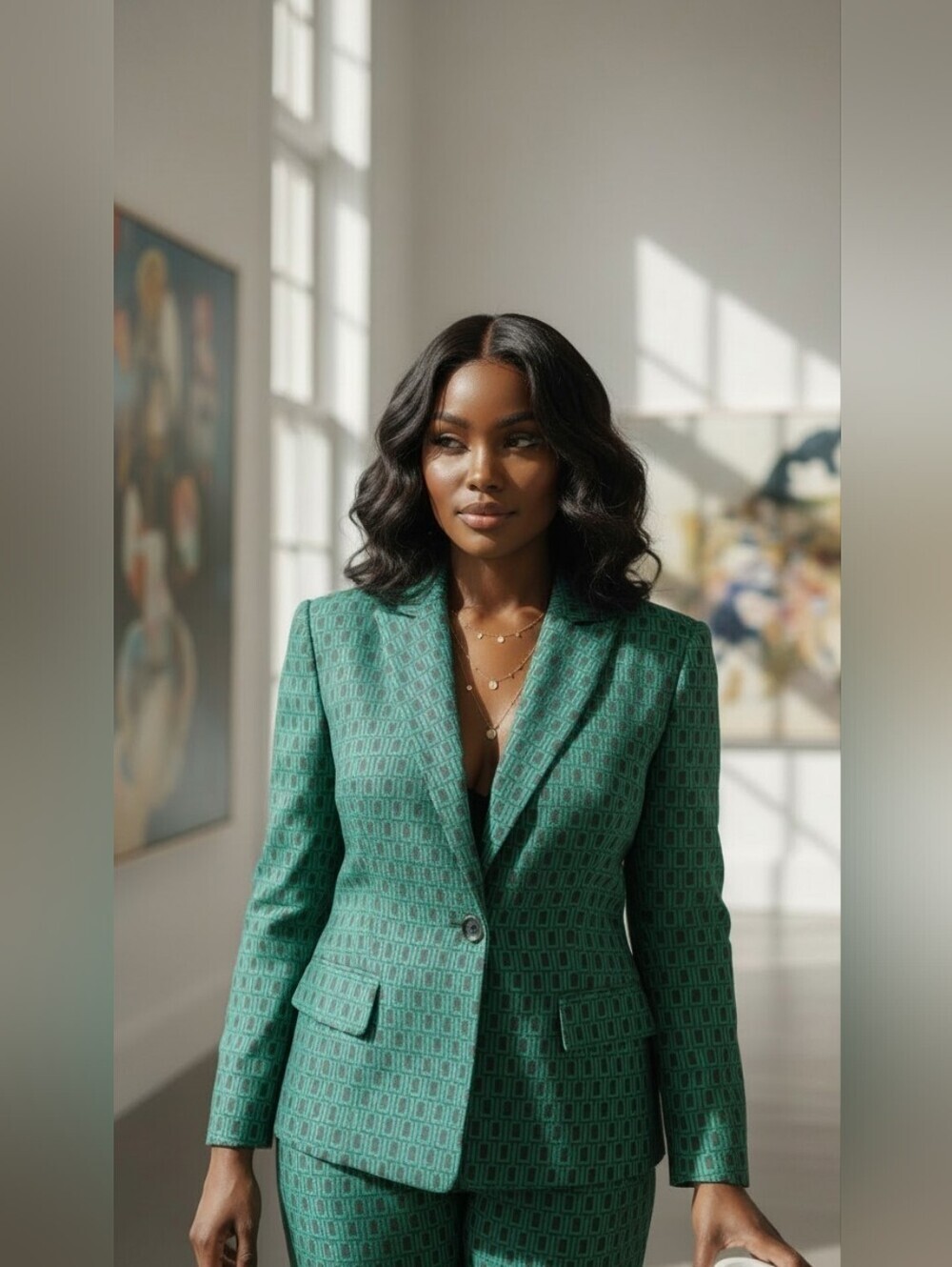Kasper Emerald Green Geometric Print Blazer Career Jacket